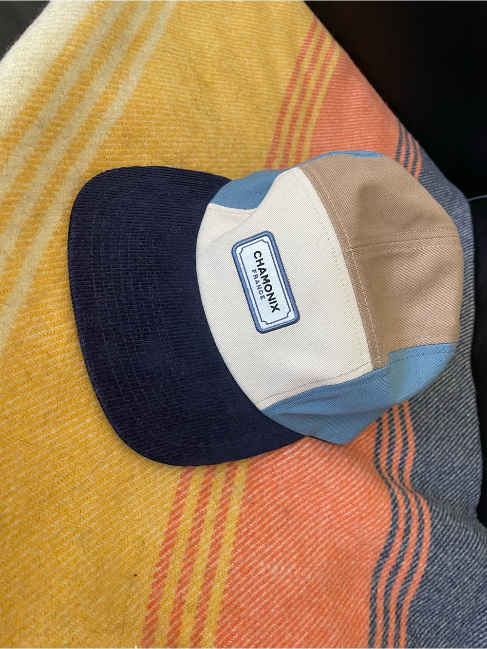 Chamonix Vintage Patch 5 Panel Cap in Navy, Beige & Sky Blue